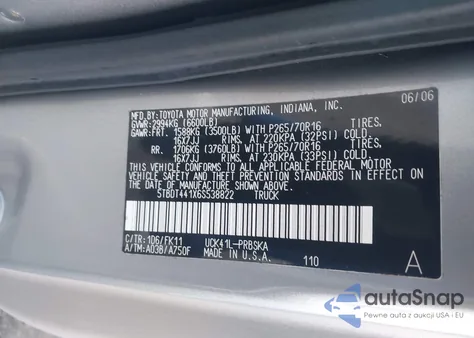 2006 Toyota Tundra Sr5 V8 z USA, uszkodzony, nr VIN 5TBDT441X6S538822
